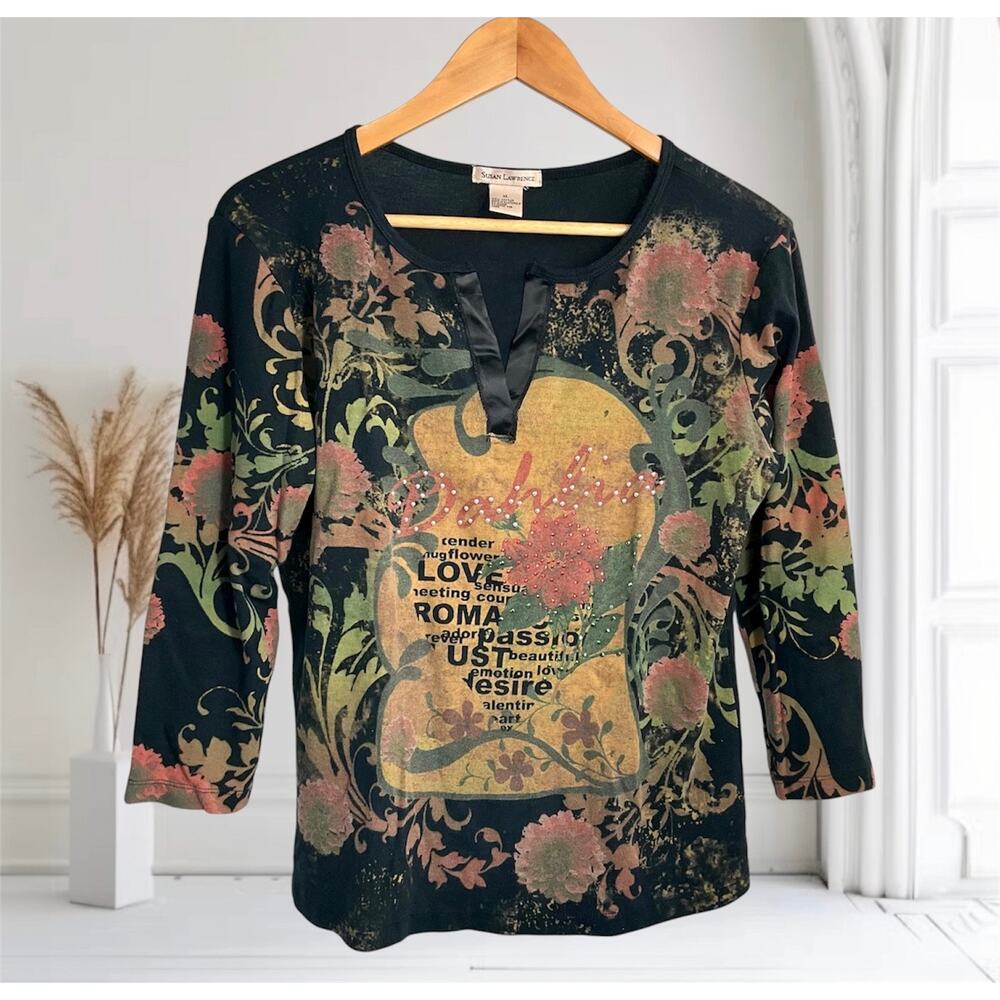 SUSAN LAWRENCE Vintage 90s Y2K Grunge Goth Witchy 3/4 Sleeve Top XL Black